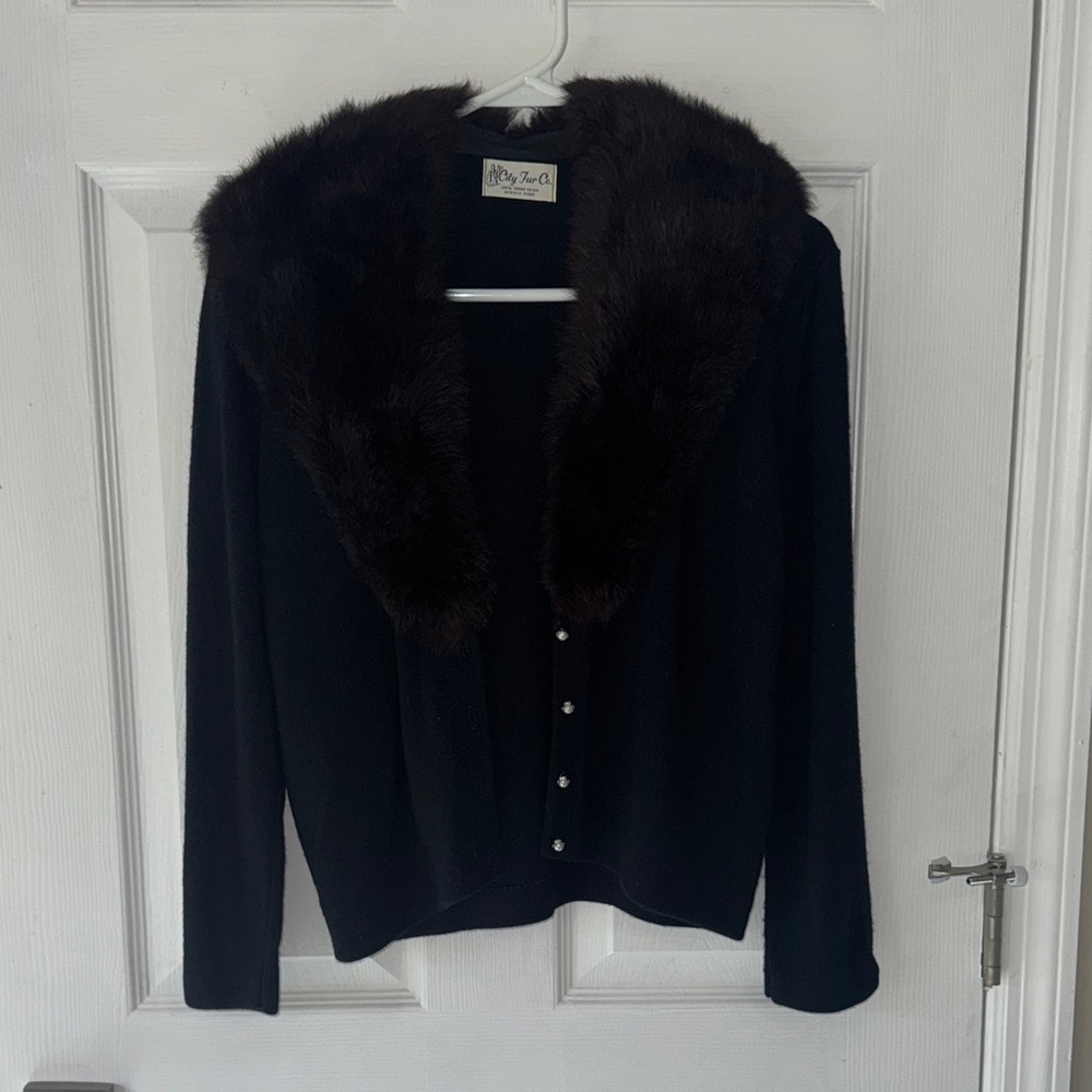 Black Cardigan with Faux Fur Collar